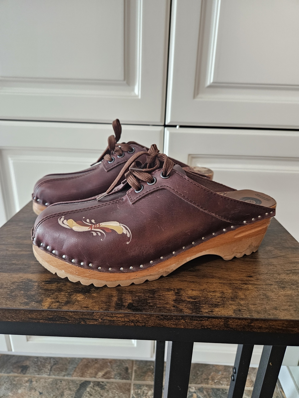 Troentorp Swedish Brown Leather Wooden Sole Lace-up Clog Mule Oxford EU 40 US 10